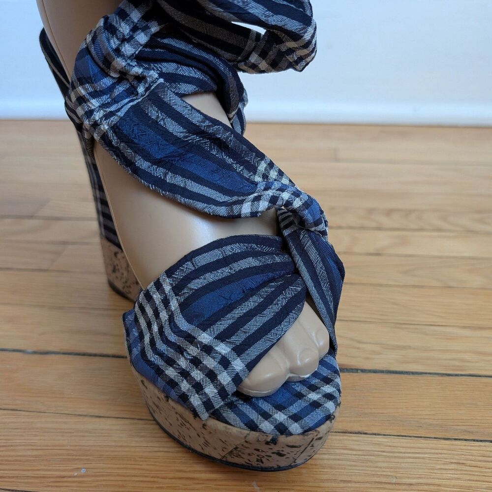 Donna Karan Cork Platform Sandal Madras Wedge Plaid Embossed Logo Designer 8.5 - Picture 6 of 12